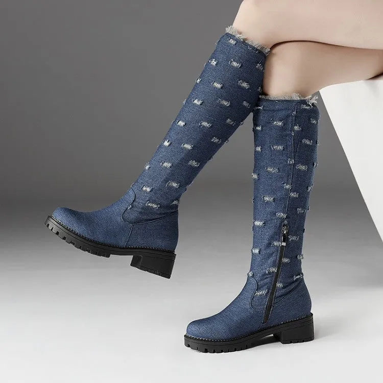 Women's Denim Mid Heel Knee High Boots