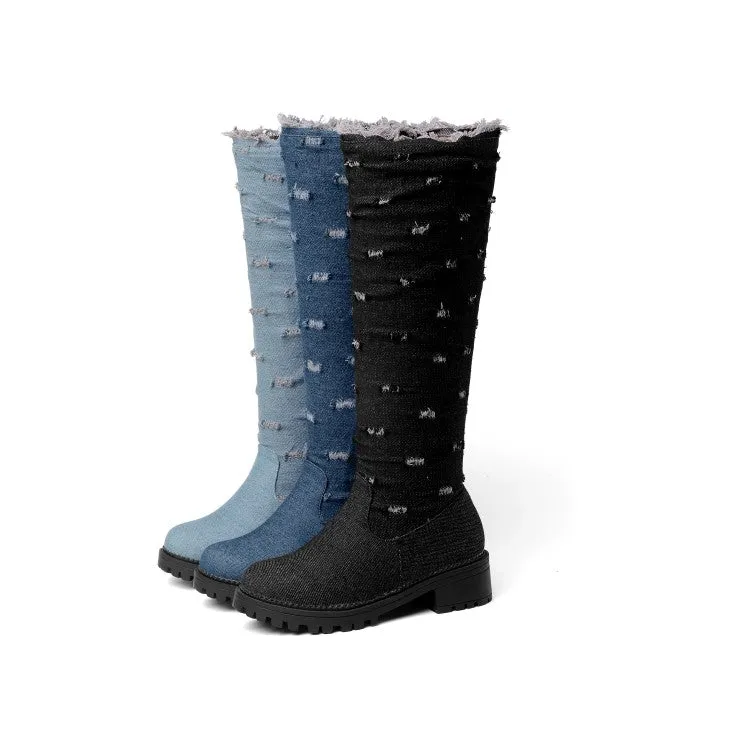 Women's Denim Mid Heel Knee High Boots