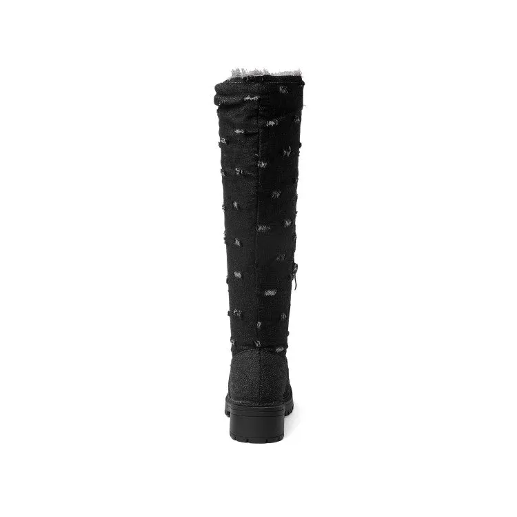 Women's Denim Mid Heel Knee High Boots