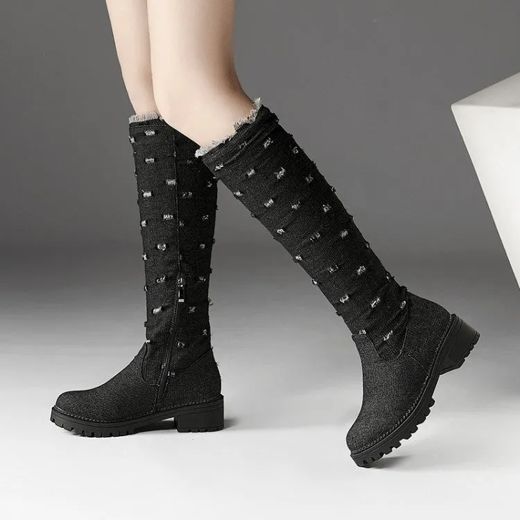 Women's Denim Mid Heel Knee High Boots