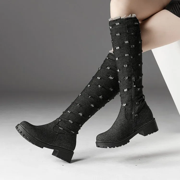 Women's Denim Mid Heel Knee High Boots