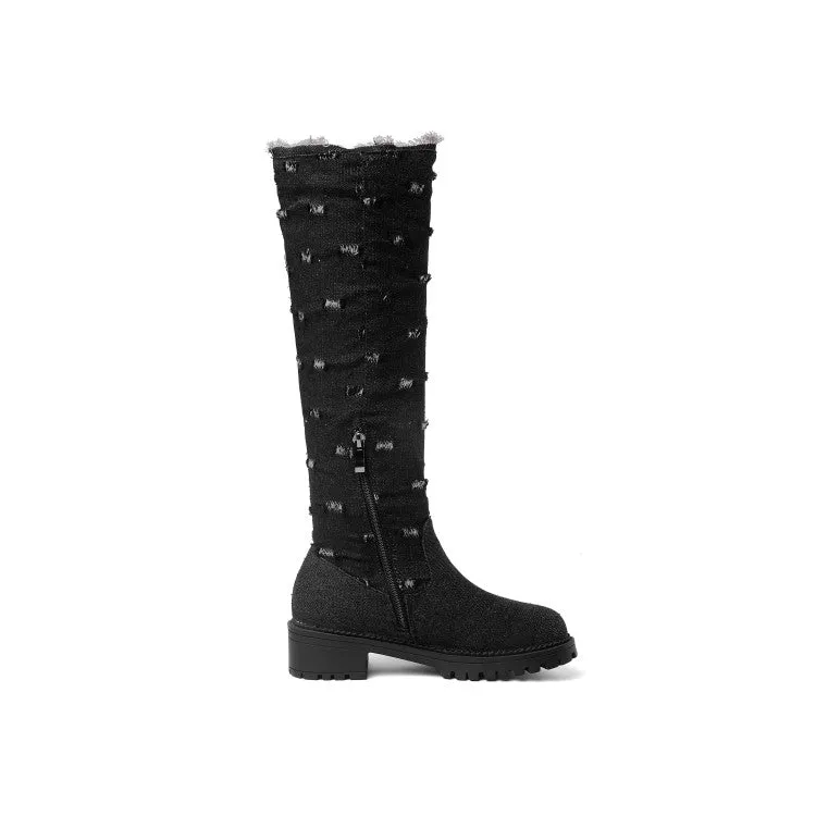 Women's Denim Mid Heel Knee High Boots