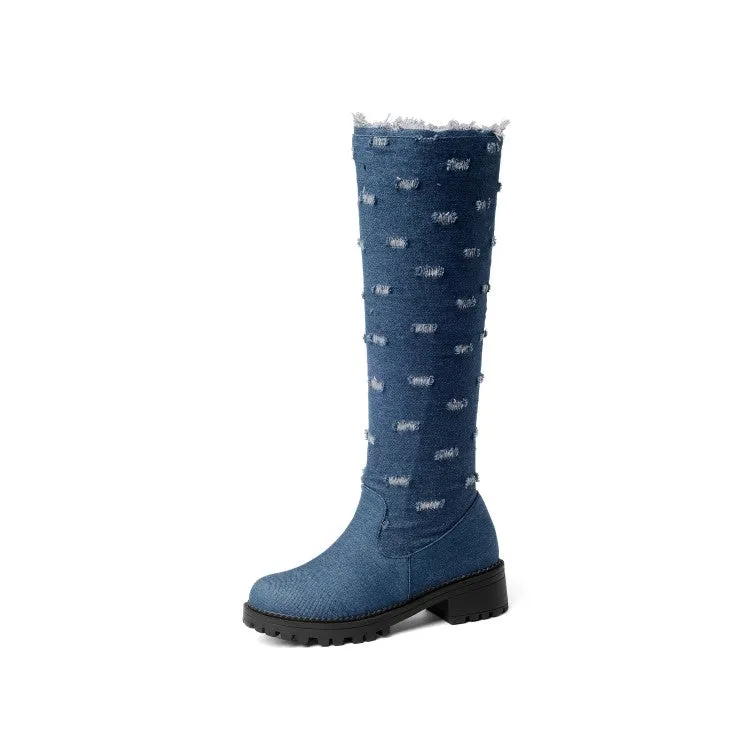Women's Denim Mid Heel Knee High Boots