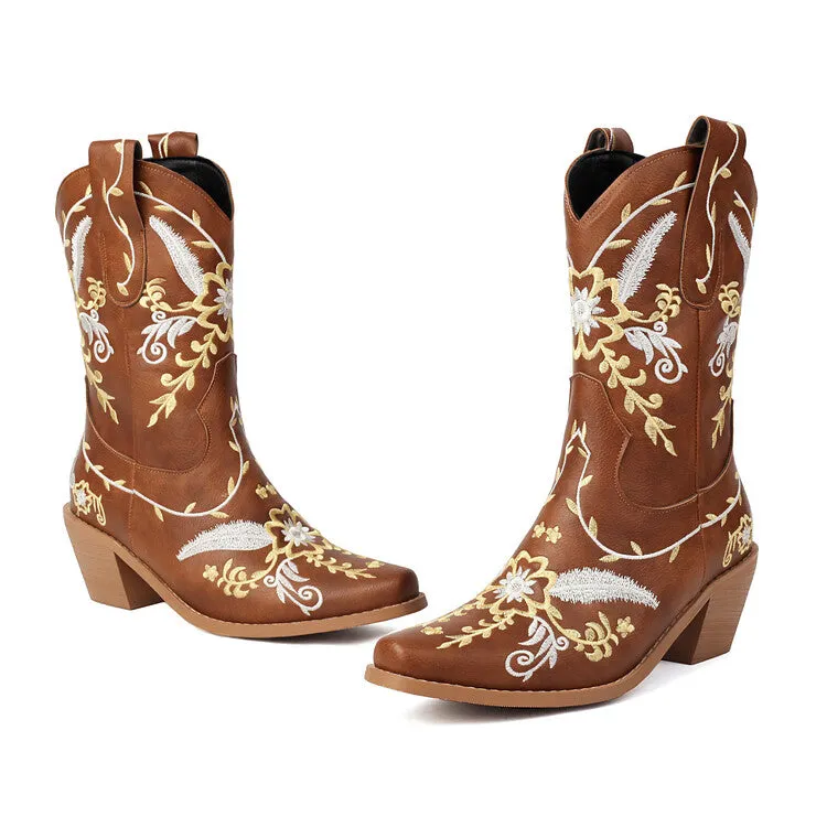 Women's Embroider Sequins Block Heel Mid Calf Western Boots