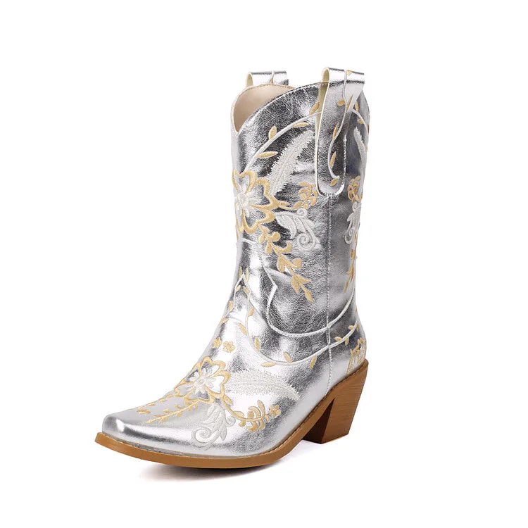 Women's Embroider Sequins Block Heel Mid Calf Western Boots