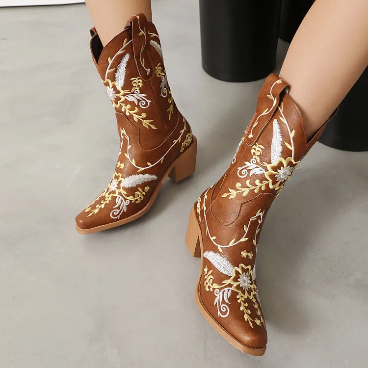 Women's Embroider Sequins Block Heel Mid Calf Western Boots