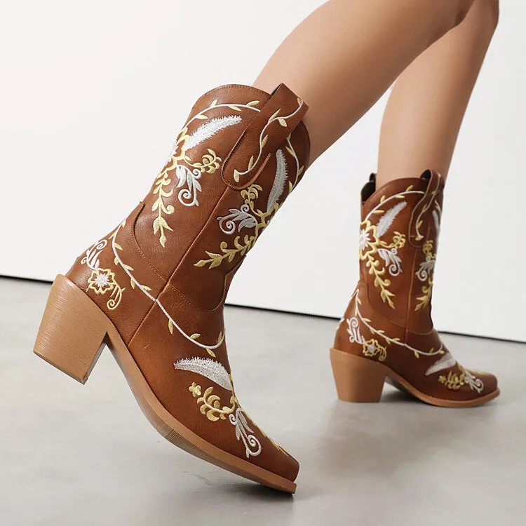 Women's Embroider Sequins Block Heel Mid Calf Western Boots
