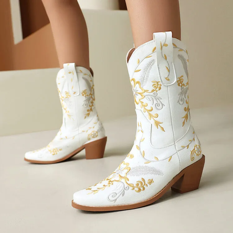 Women's Embroider Sequins Block Heel Mid Calf Western Boots