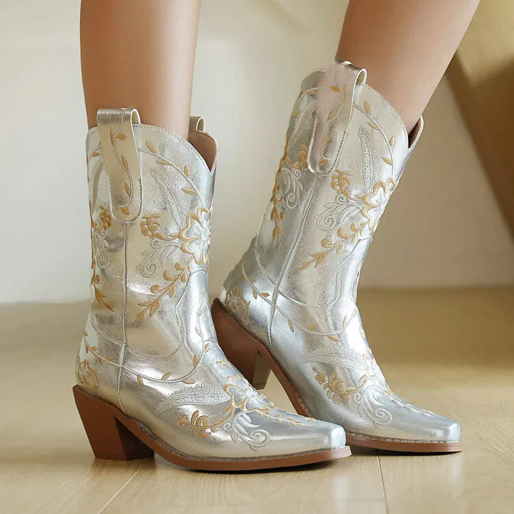Women's Embroider Sequins Block Heel Mid Calf Western Boots