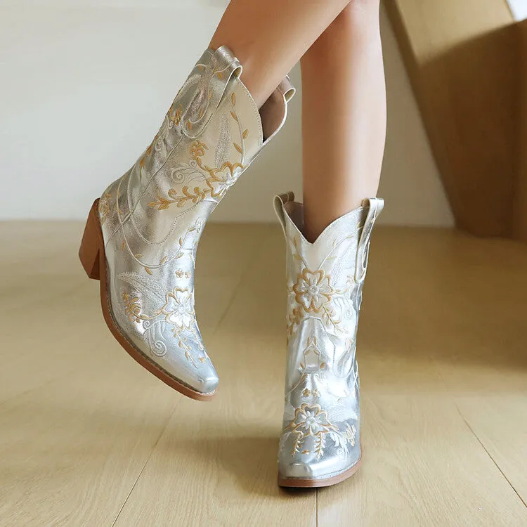 Women's Embroider Sequins Block Heel Mid Calf Western Boots