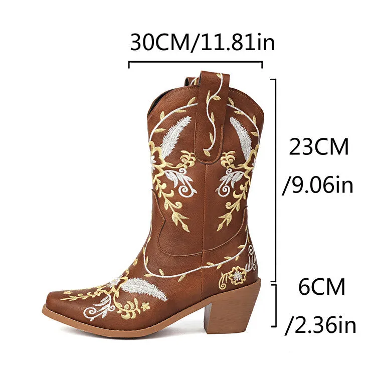 Women's Embroider Sequins Block Heel Mid Calf Western Boots