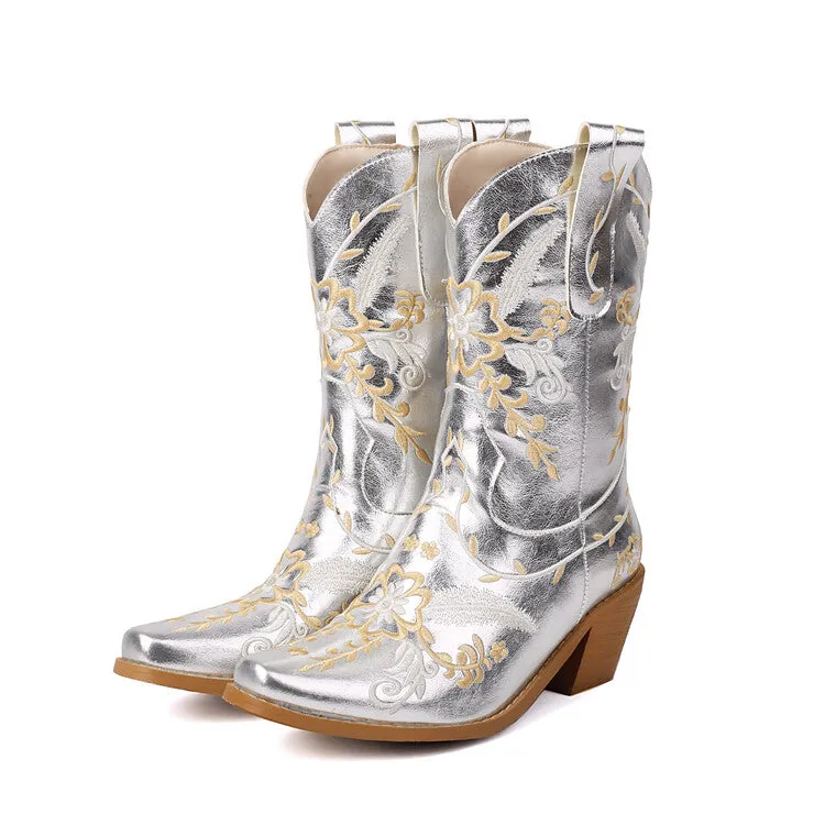 Women's Embroider Sequins Block Heel Mid Calf Western Boots