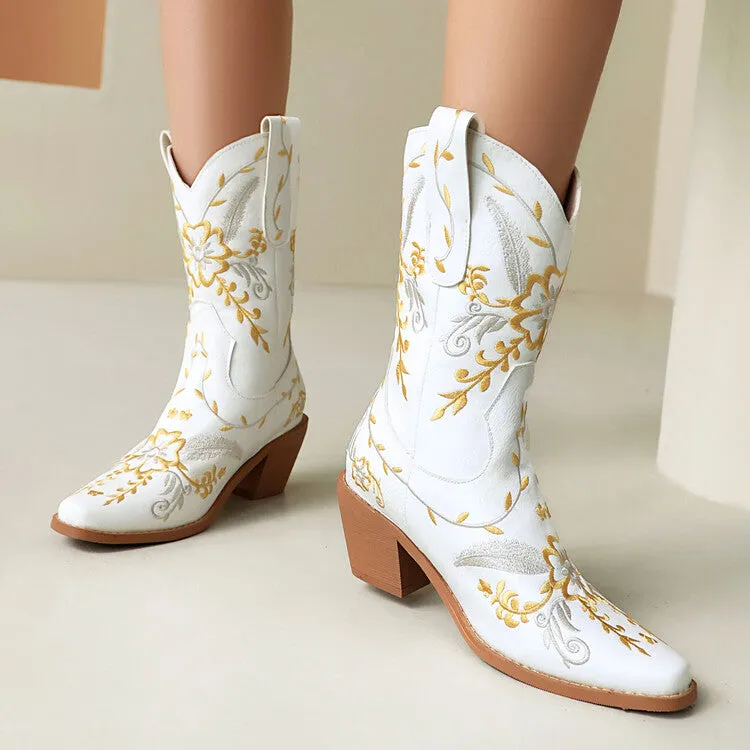 Women's Embroider Sequins Block Heel Mid Calf Western Boots