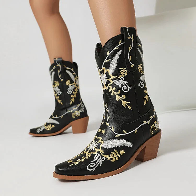 Women's Embroider Sequins Block Heel Mid Calf Western Boots