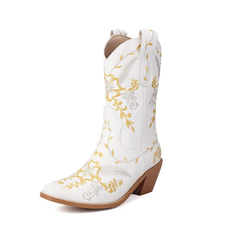 Women's Embroider Sequins Block Heel Mid Calf Western Boots