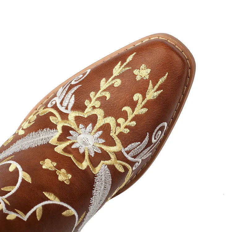 Women's Embroider Sequins Block Heel Mid Calf Western Boots