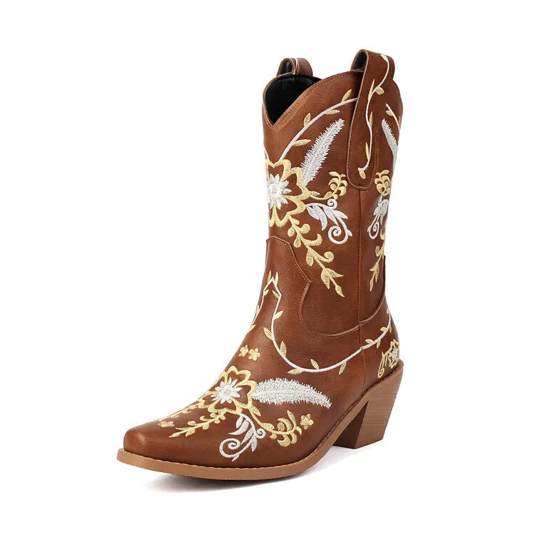 Women's Embroider Sequins Block Heel Mid Calf Western Boots