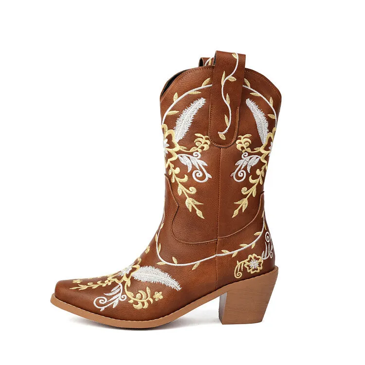 Women's Embroider Sequins Block Heel Mid Calf Western Boots