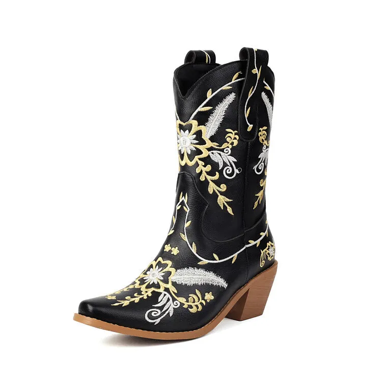 Women's Embroider Sequins Block Heel Mid Calf Western Boots