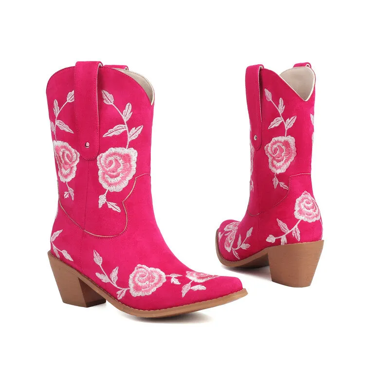Women's Floral Embroider Block Heel Mid Calf Western Boots