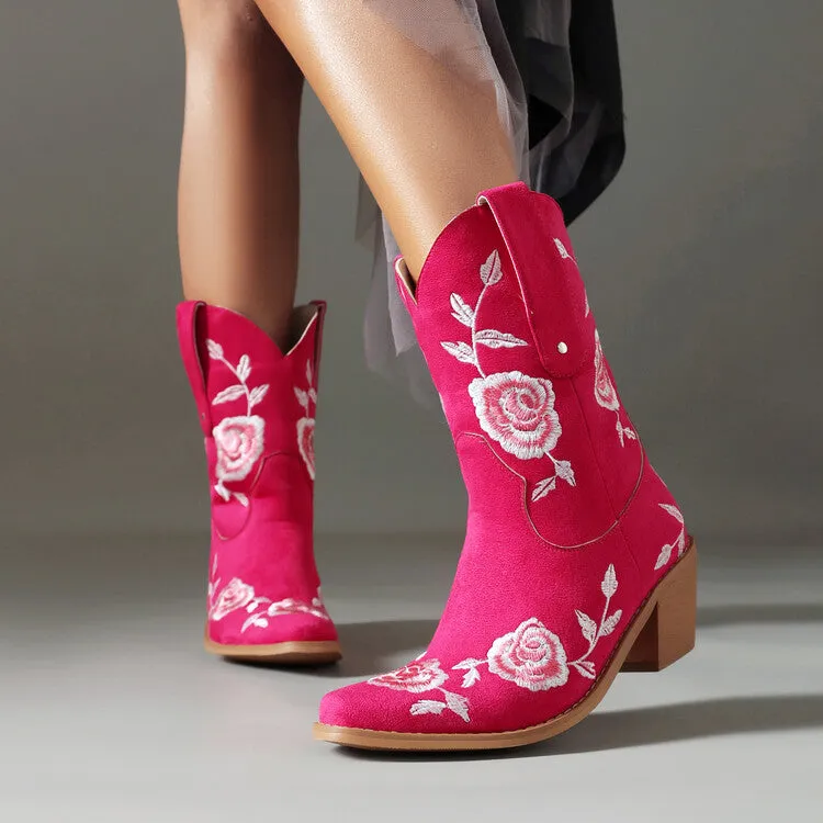 Women's Floral Embroider Block Heel Mid Calf Western Boots