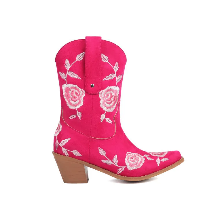 Women's Floral Embroider Block Heel Mid Calf Western Boots