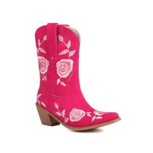 Women's Floral Embroider Block Heel Mid Calf Western Boots
