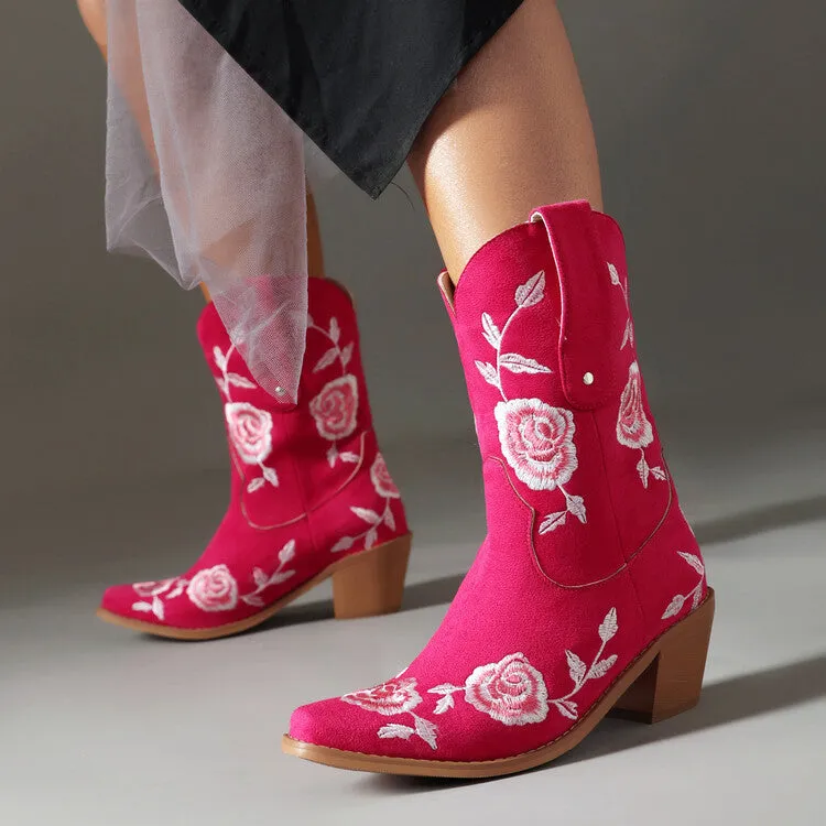Women's Floral Embroider Block Heel Mid Calf Western Boots