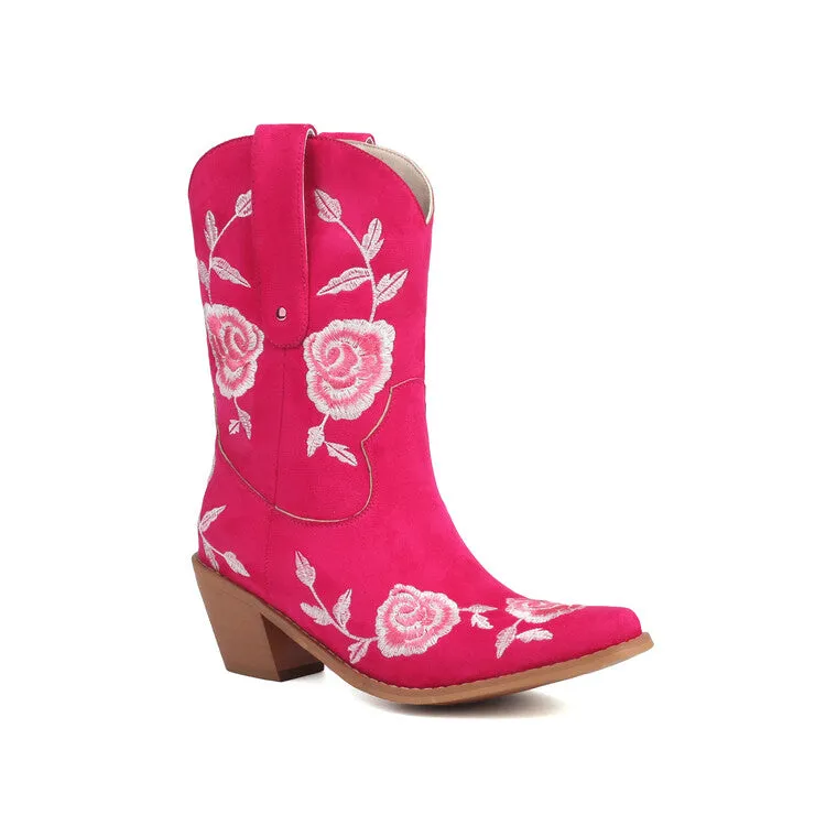 Women's Floral Embroider Block Heel Mid Calf Western Boots