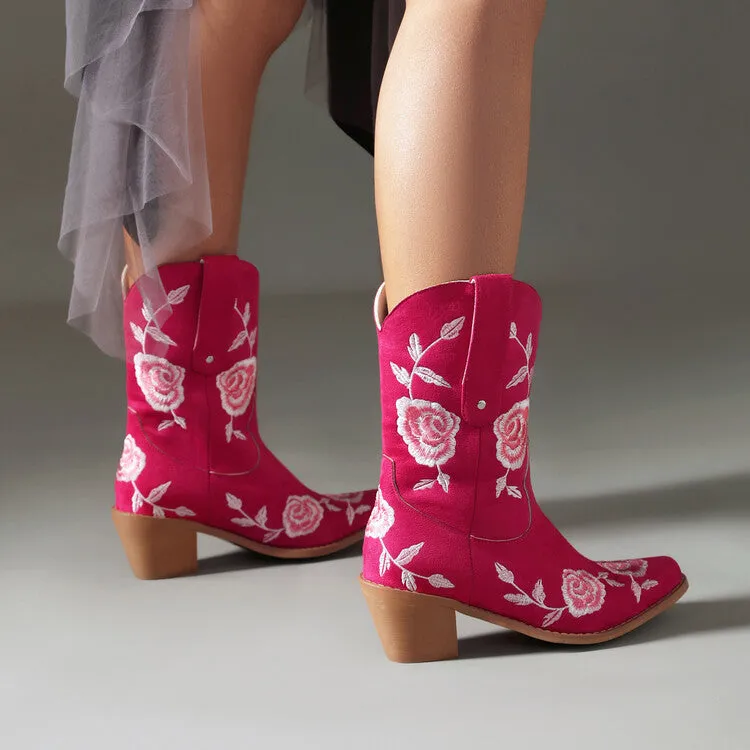 Women's Floral Embroider Block Heel Mid Calf Western Boots
