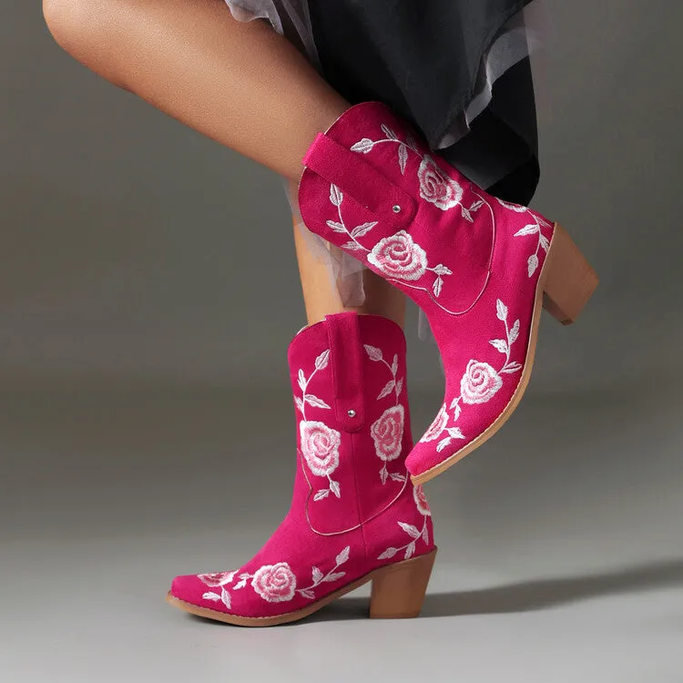 Women's Floral Embroider Block Heel Mid Calf Western Boots