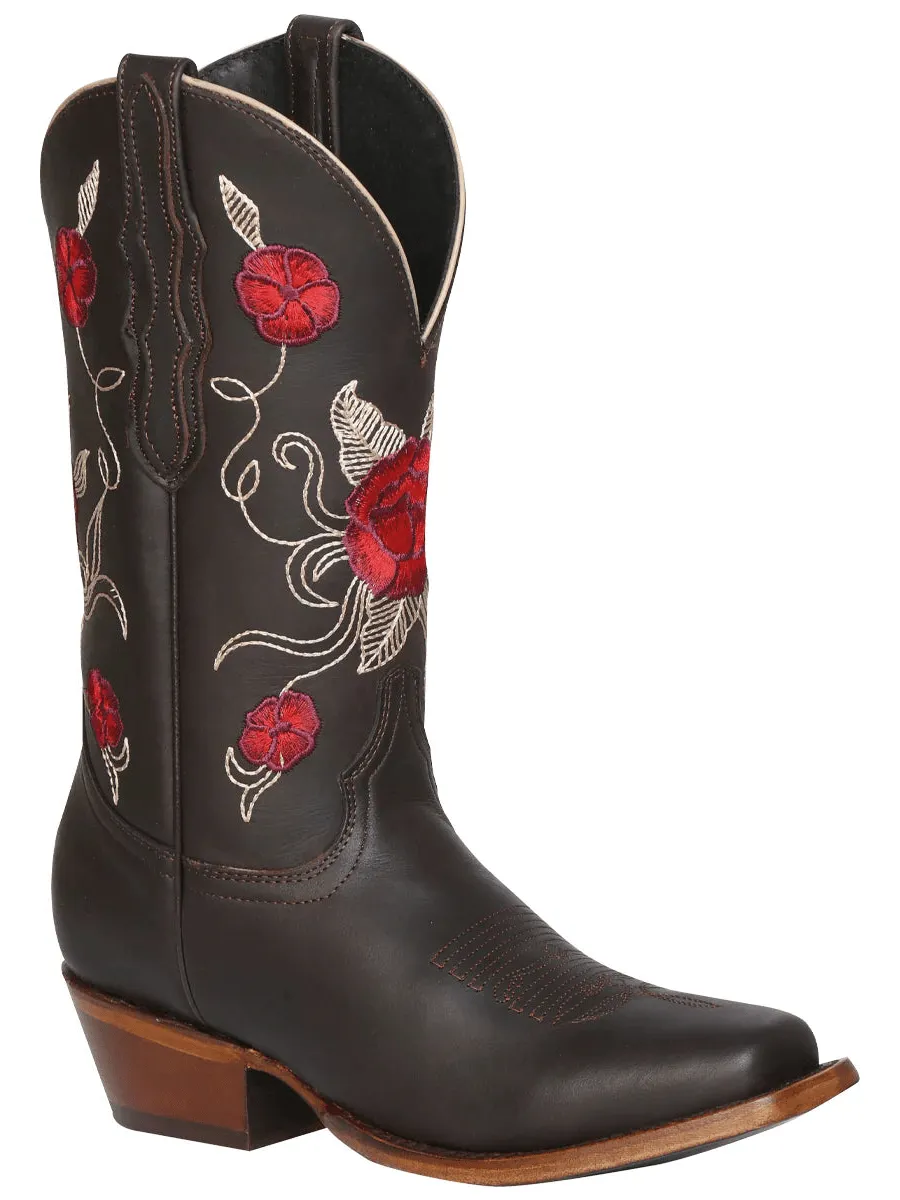 Women's Genuine Leather Floral Embroidered Western Cowgirl Boots 'The General' Choco Color 41785