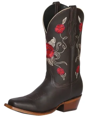 Women's Genuine Leather Floral Embroidered Western Cowgirl Boots 'The General' Choco Color 41785
