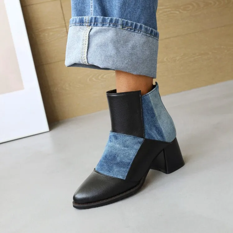 Women's Lattice Pu Leather Patchwork Chunky Heel Short Boots