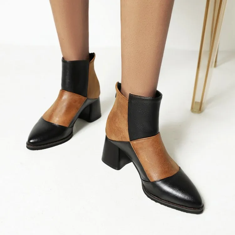 Women's Lattice Pu Leather Patchwork Chunky Heel Short Boots