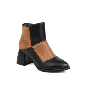 Women's Lattice Pu Leather Patchwork Chunky Heel Short Boots