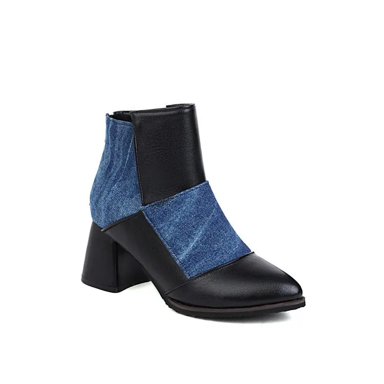Women's Lattice Pu Leather Patchwork Chunky Heel Short Boots