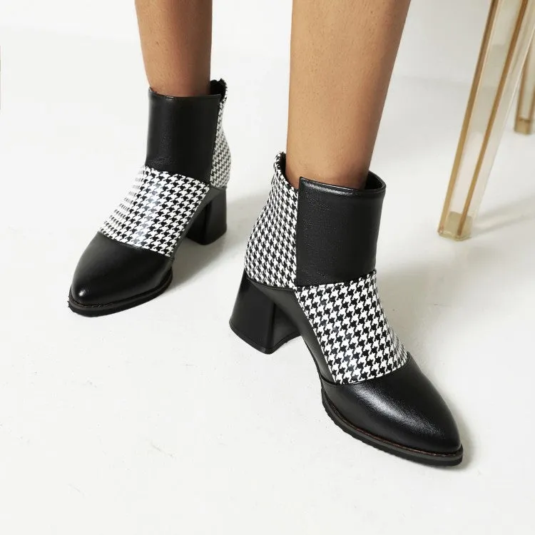 Women's Lattice Pu Leather Patchwork Chunky Heel Short Boots