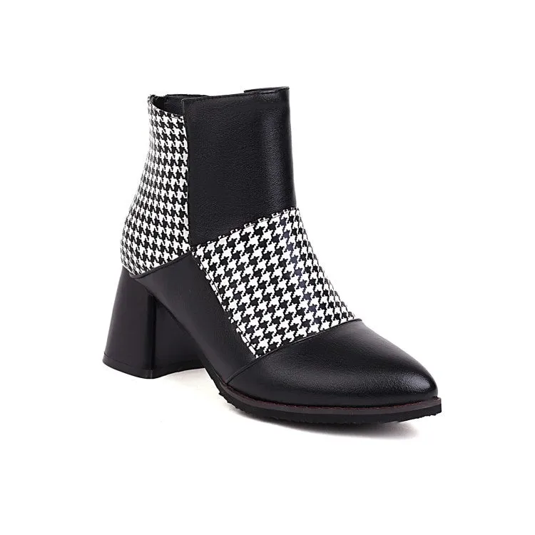 Women's Lattice Pu Leather Patchwork Chunky Heel Short Boots