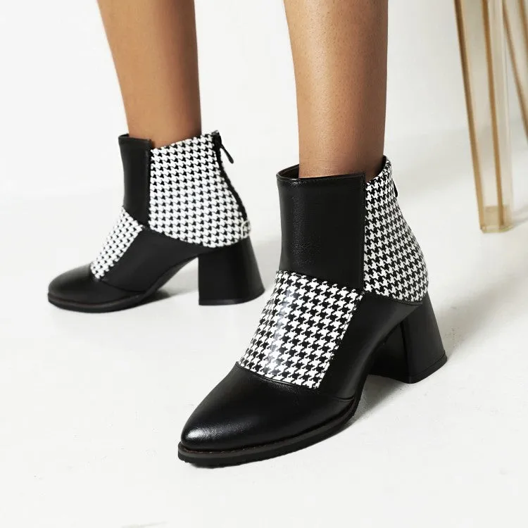 Women's Lattice Pu Leather Patchwork Chunky Heel Short Boots