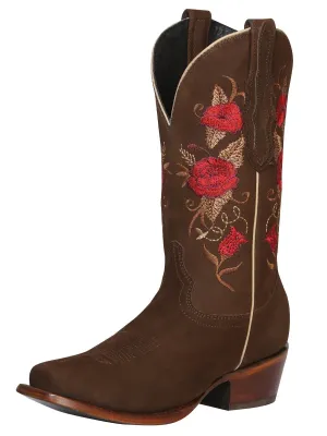 Women's Nubuck Leather Floral Embroidered Shaft Western Cowgirl Boots 'El General' Camel Color 42025