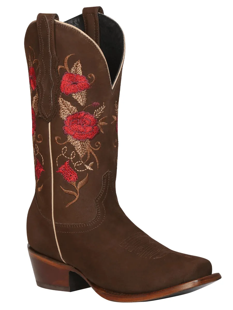 Women's Nubuck Leather Floral Embroidered Shaft Western Cowgirl Boots 'El General' Camel Color 42025