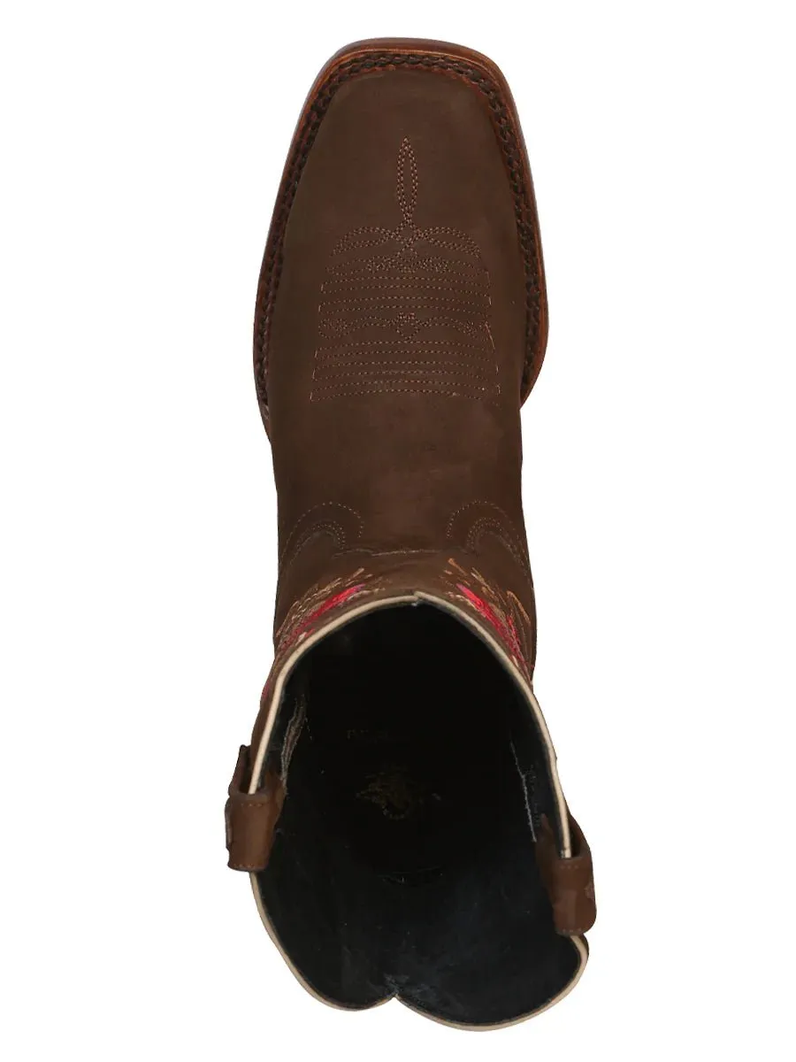 Women's Nubuck Leather Floral Embroidered Shaft Western Cowgirl Boots 'El General' Camel Color 42025