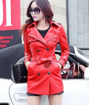 Women’s Orange Leather Mid Length Trench Coat TC04