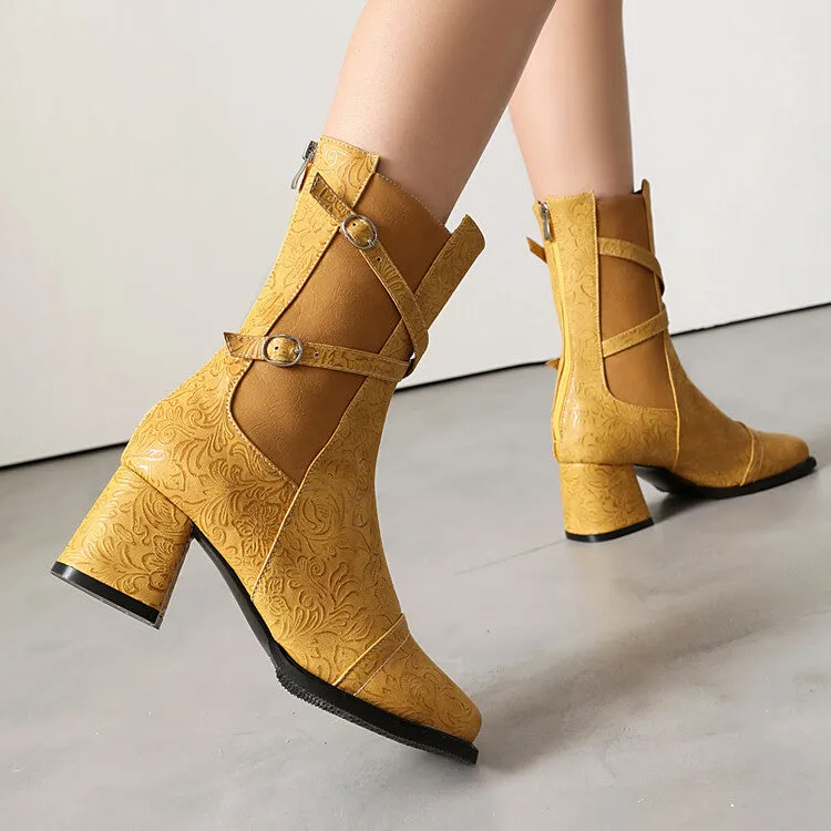 Women's Patchwork Buckle Strap Round Toe Block Heel Mid Calf Boots