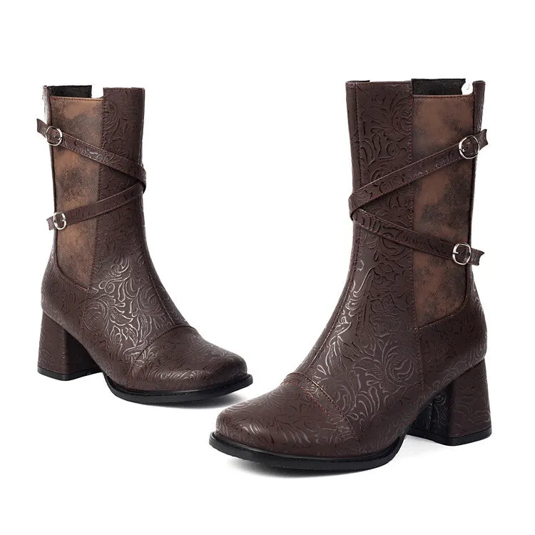 Women's Patchwork Buckle Strap Round Toe Block Heel Mid Calf Boots