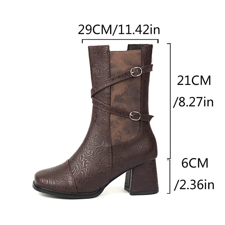 Women's Patchwork Buckle Strap Round Toe Block Heel Mid Calf Boots