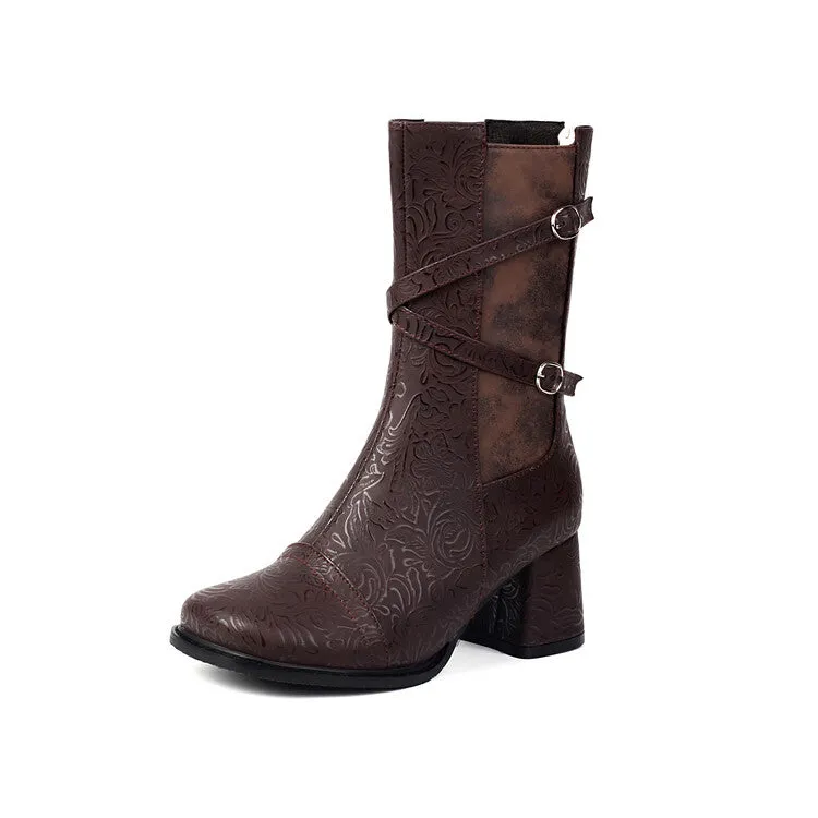 Women's Patchwork Buckle Strap Round Toe Block Heel Mid Calf Boots