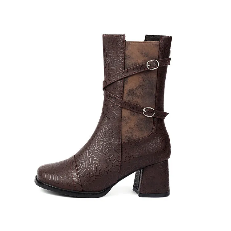 Women's Patchwork Buckle Strap Round Toe Block Heel Mid Calf Boots