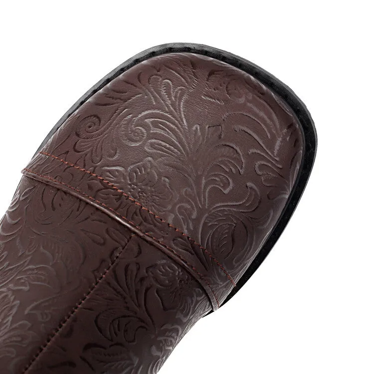 Women's Patchwork Buckle Strap Round Toe Block Heel Mid Calf Boots